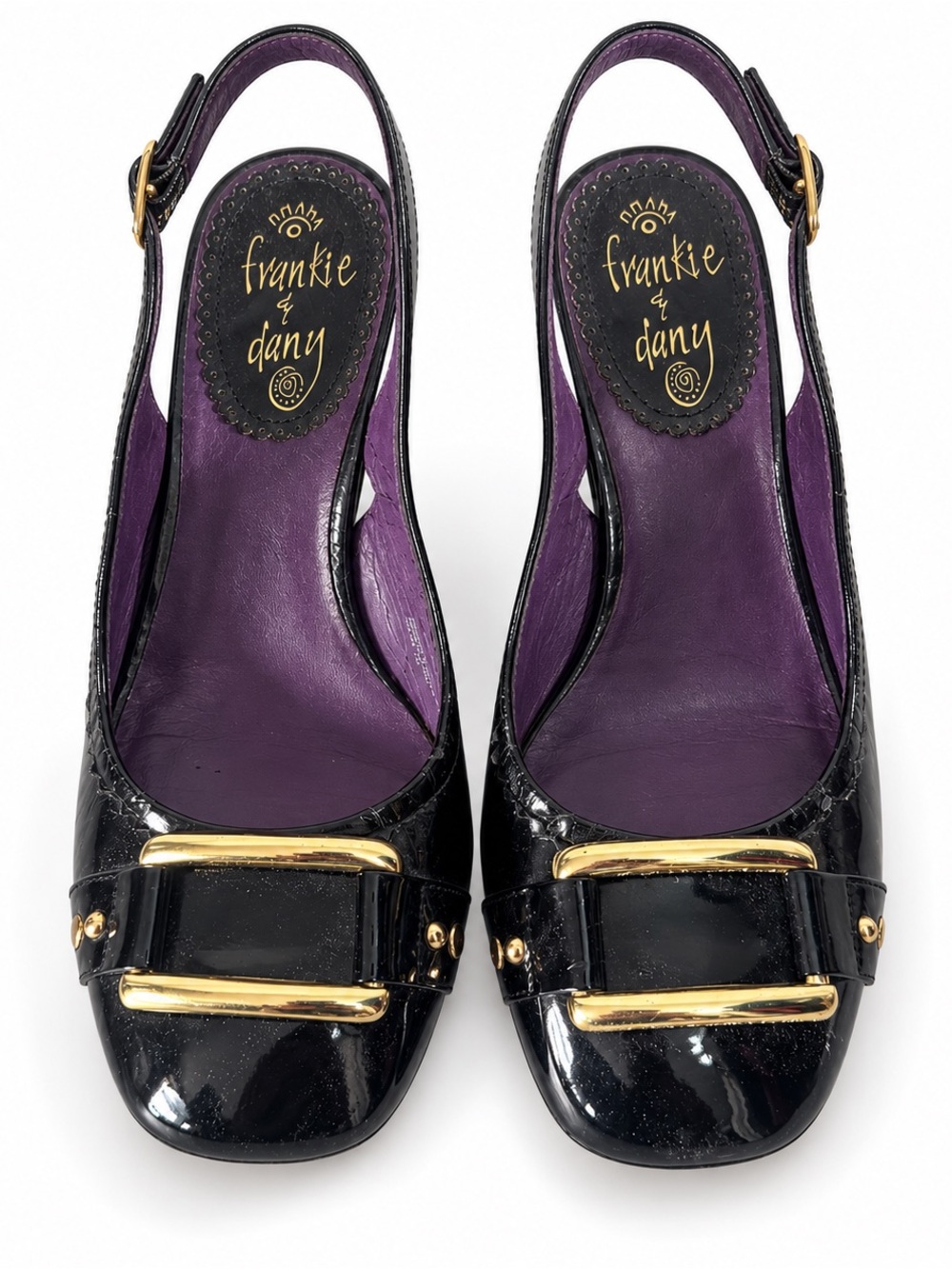 Vintage Y2K Frankie & Dany Black vegan Patent gold Buckle Slingback Wedges Sz 7